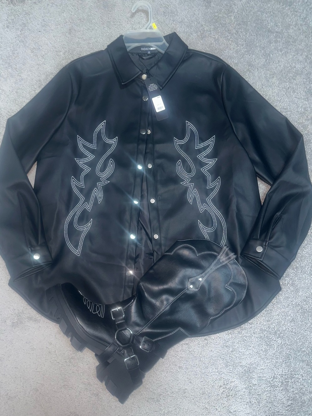 Western Faux Leather Black Button-Down Shirt with White Stitching/Matching Boots